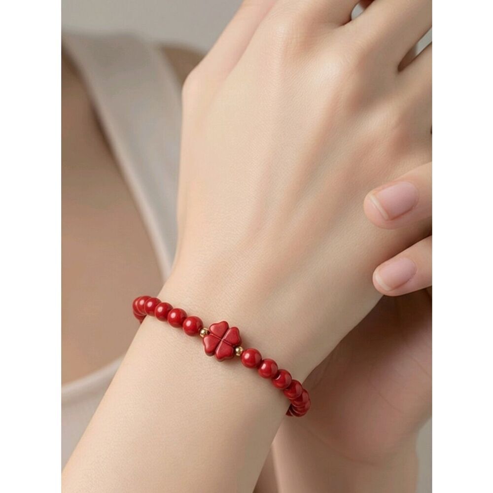 Natural Red Cinnabar Four-Leaf Clover Beaded Bracelet Lucky Protection Charm NWT